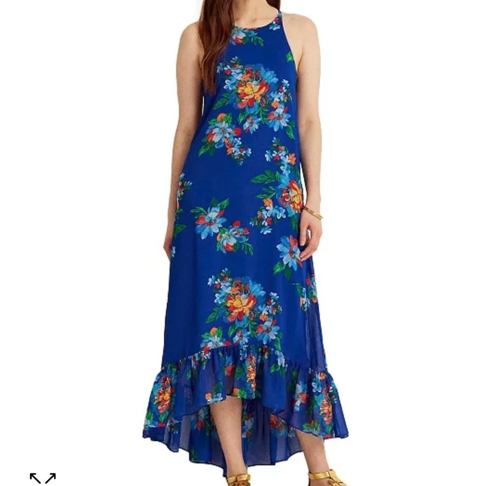 Lauren Ralph Lauren Floral Georgette Sleeveless High Low Dress Blue 4